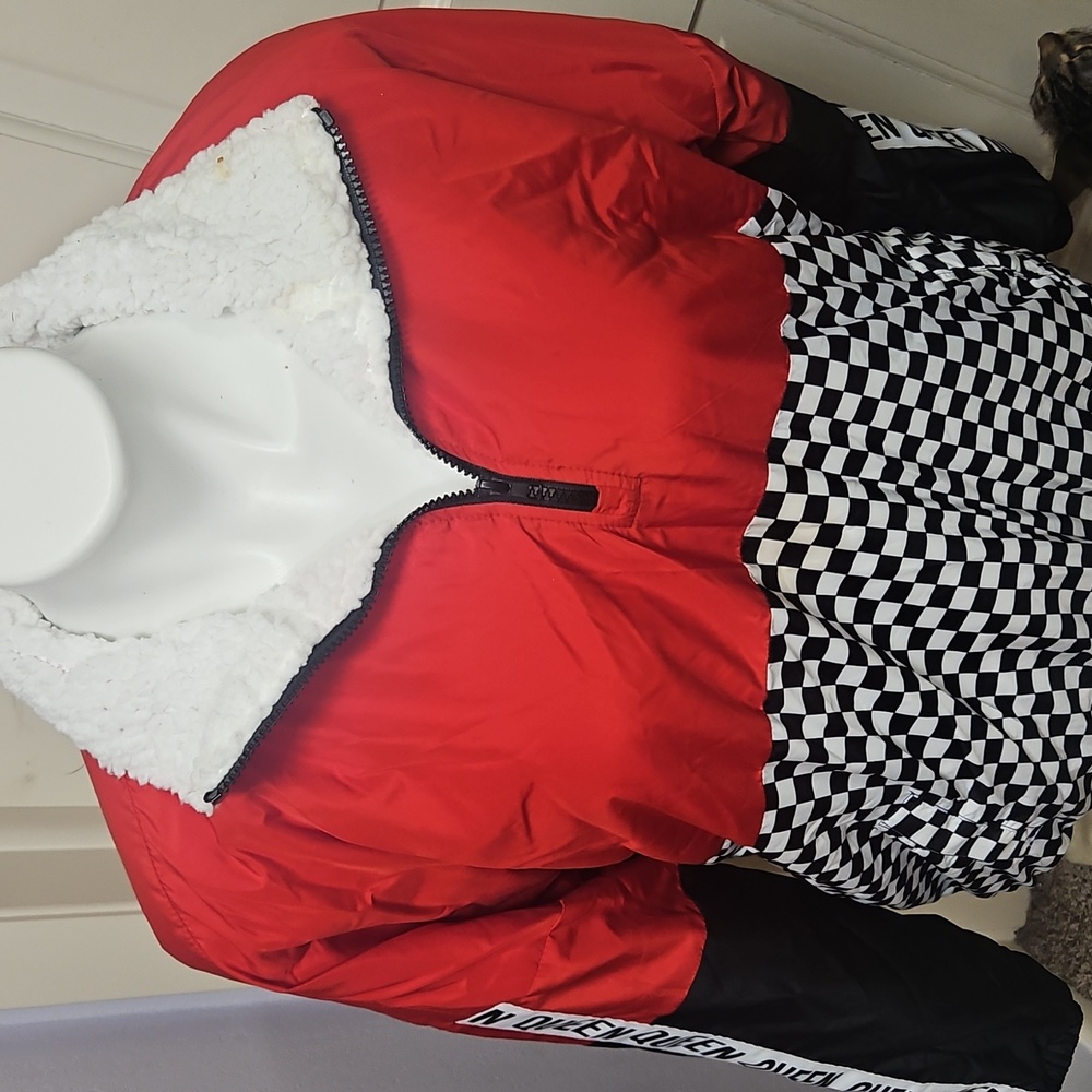 Elle Red and Black Race Car Checkered Bomber Skate Board Jacket